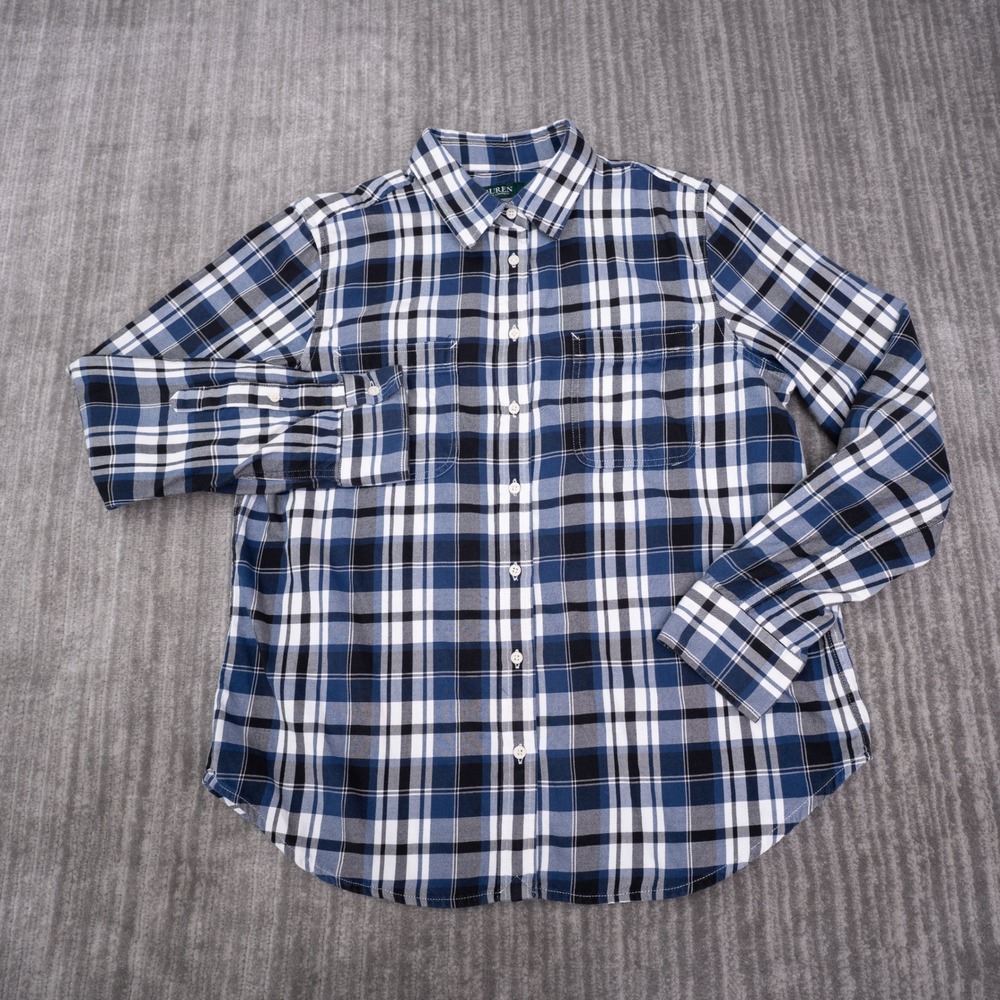 Lauren Ralph Lauren Button Down Women Large Blue Plaid Excellent Cotton Pocket